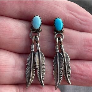 Sterling Silver Feathers Sleeping Beauty Turquoise Dangle Post Earrings